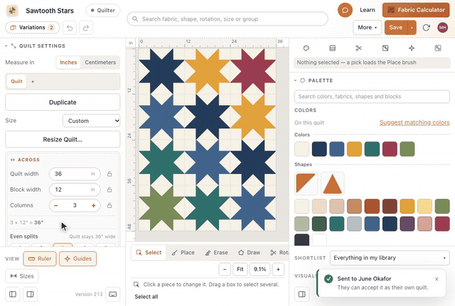In the designer, More, Share & social content, Send to someone opens a dialog with the quilt's picture; june@quiltler.test is typed as their Quiltler email, As their own is chosen, and Send quilt confirms Sent to June Okafor