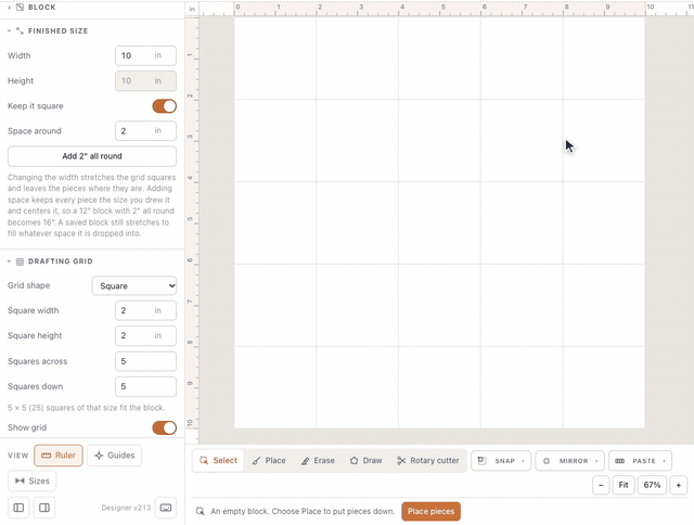 In the block builder, Width goes from 12 to 10 inches and the height follows, then Squares across and Squares down go from 4 to 5, and the empty block shows its new 5 by 5 drafting grid