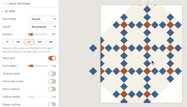 In the Grid section, pressing 45° turns the Irish Chain’s grid on point, so its squares stand as diamonds trimmed at the quilt’s edge