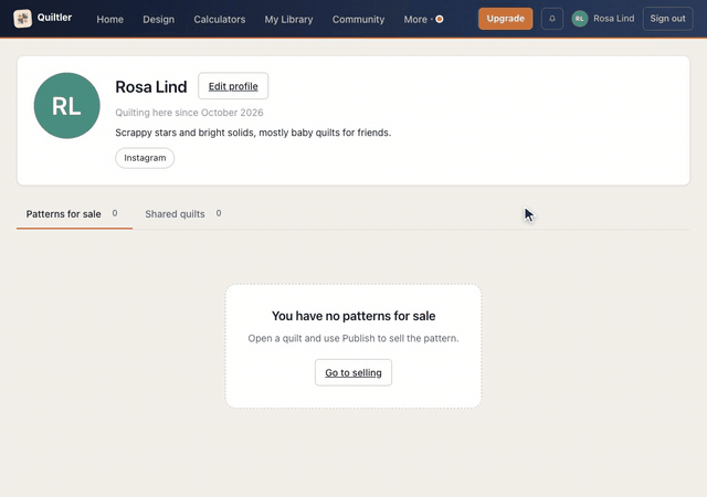 In Account, under Public profile, a bio is typed and Save bio pressed, an Instagram address is typed and Save links pressed, and View public profile opens Rosa Lind's profile page with her bio and Instagram link