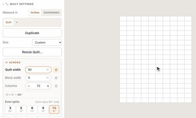 In Quilt settings, Size set to Queen bed makes a blank quilt 90 by 108 inches in 6-inch blocks; with Quilt width locked, typing 9 into Block width keeps it 90 inches wide in 10 columns of 9-inch blocks
