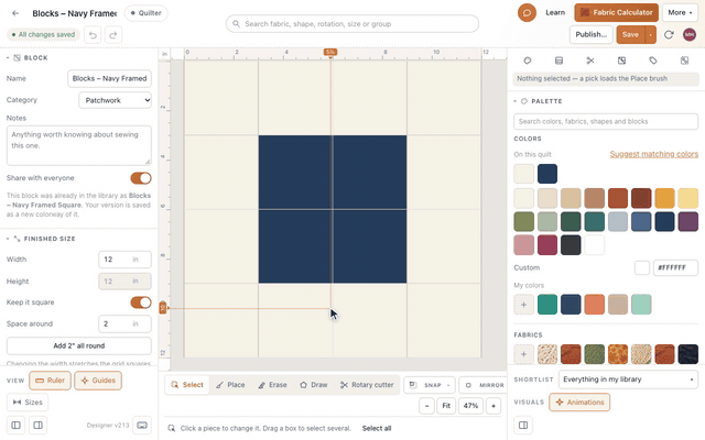 In the block builder, Publish… opens Publish this block; her version is called Navy and cream, Publish shares it, and Share with everyone in the left panel turns on