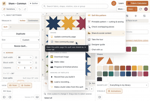In the designer, More, Share & social content, Share to community opens a dialog with the quilt's picture and title; a description and the tags baby quilt, stars are typed and Share quilt posts it, after which the menu offers Update community page and View community page