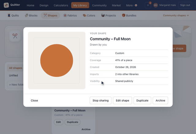 Under My Shapes, Community – Full Moon is opened; its details show Visibility Private, Share with the community is pressed, and the shape is shared publicly, the button now reading Stop sharing