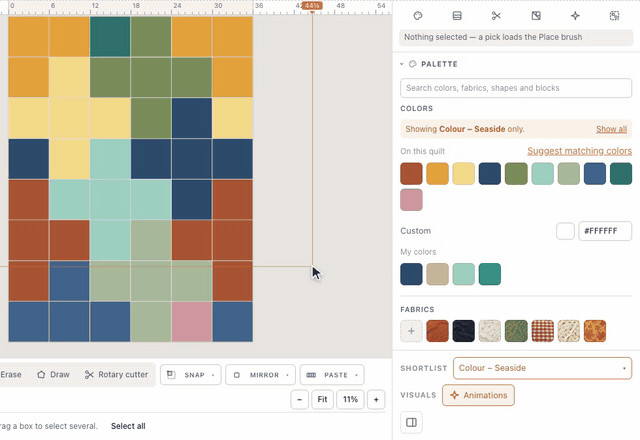 In the designer, Shortlist under the palette opens; under Mix and match, Colors is set to the Seaside palette and the palette shows just its four colors; two of them dragged onto a Plus Quilt turn every plum square harbor blue and every sky square sea glass