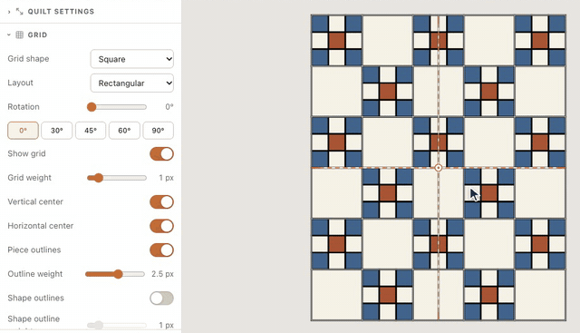 In the Grid section, Piece outlines draws a line round every piece of the Irish Chain, Outline weight makes the lines heavier, and Vertical center and Horizontal center draw dashed lines through the middle of the quilt