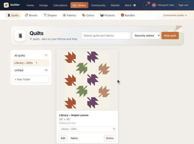 On the Quilts page, + New folder is pressed and named Library – Gifts; the folder menu on the Library – Maple Leaves card moves it into Library – Gifts, and pressing the folder in the list on the left shows just that quilt