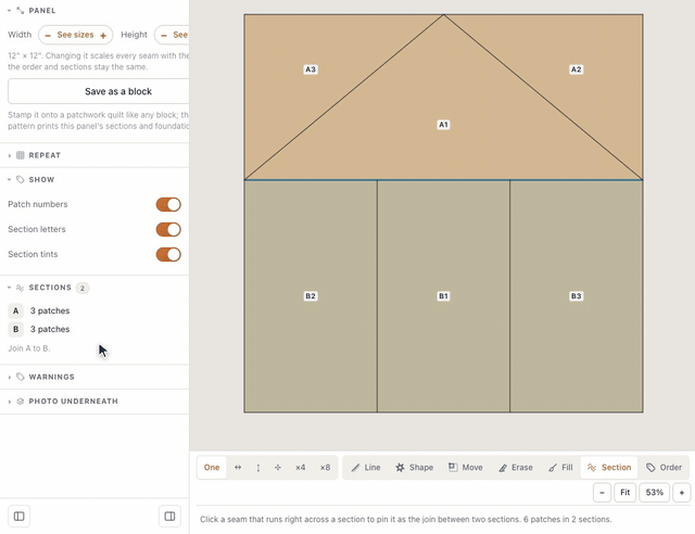 With the Section tool, a click on the seam right across under a paper pieced house's roof splits it into two tinted sections, A for the roof and B for the walls, and the Sections list says Join A to B