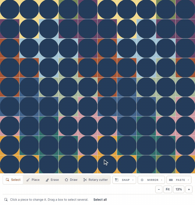 In the designer, with Place loaded with a navy circle, the pointer rests on the first square of a row and ⌥⇧6 fills the row with circles to the quilt's edge, ⌥⇧2 fills a column downward, and ⌥⇧5 puts a navy circle in every space on the Plus Quilt