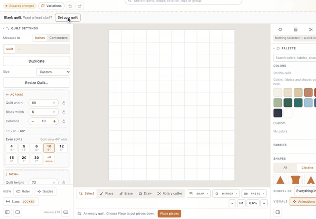 In the new-quilt setup, Squares & strips is chosen and then Blank quilt: an empty grid of 6″ squares opens on the design wall, under a line that says Blank quilt. Want a head start? with a Set up a quilt button