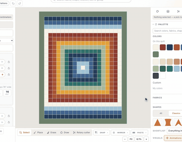 In the new-quilt setup, Squares & strips opens a shelf of quilts; Trip Around the World is picked, Queen bed and a 5″ border redraw the live preview, and Start designing lays the quilt on the design wall