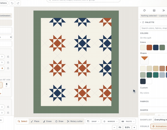 On the Pieced blocks shelf of the new-quilt setup, Ohio Stars is picked; On point turns the stars 45° and a 5″ border frames them in the live preview, then Start designing lays the quilt on the design wall