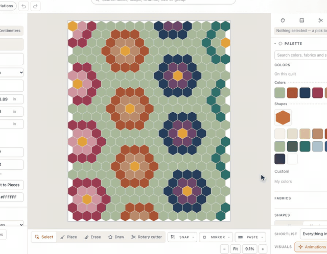 On the English paper piecing shelf of the new-quilt setup, Grandmother's Flower Garden is picked; 2″ pieces make the hexagon flowers bigger and Shaped edges keep whole hexagons round the edge, then Start designing lays the quilt on the design wall