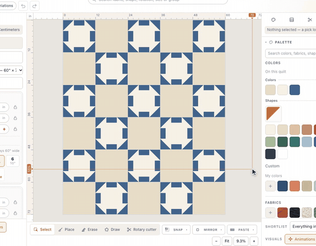 In the new-quilt setup, Look through community quilts opens a shelf of quilts other quilters have shared; picking a Churn Dash opens it as your own copy on the design wall