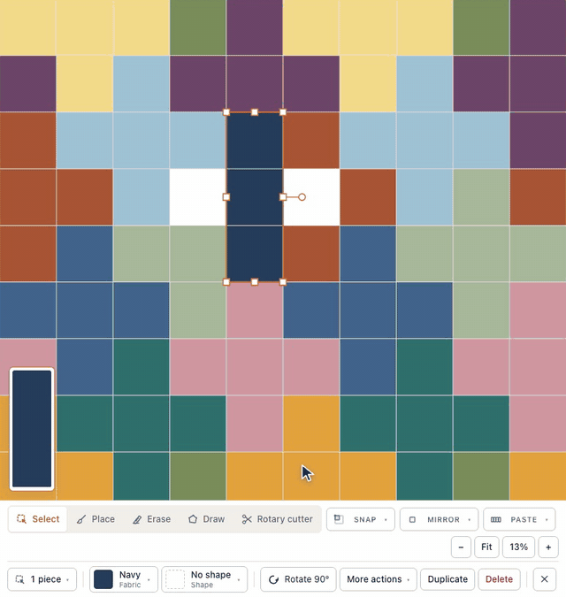 In the designer, three navy squares in a row on the Plus Quilt are selected, More actions → Stitch sews them into one strip with the seams gone and the bar reading 1 piece, and Rotate 90° turns the whole strip as one