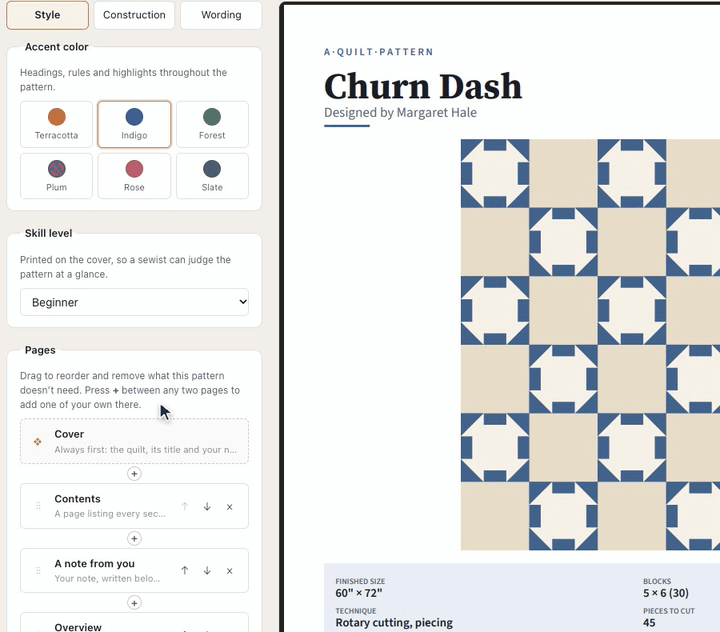 On the printable pattern's Style tab, Indigo is picked as the accent color and the cover's headings turn indigo; then Skill level, printed on the cover, is set to Beginner