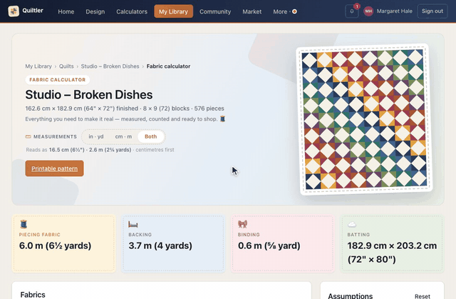 A quilt's Fabric Calculator in inches and yards; pressing cm · m turns the size and every fabric's yardage into centimeters and meters, then Both keeps centimeters and meters in front and adds inches and yards in brackets