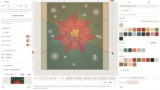 On a blank paper piecing panel, Photo underneath → Add places a poinsettia photo under the panel, and the Line tool draws three seams through the middle of the flower along its petals, each new patch numbered