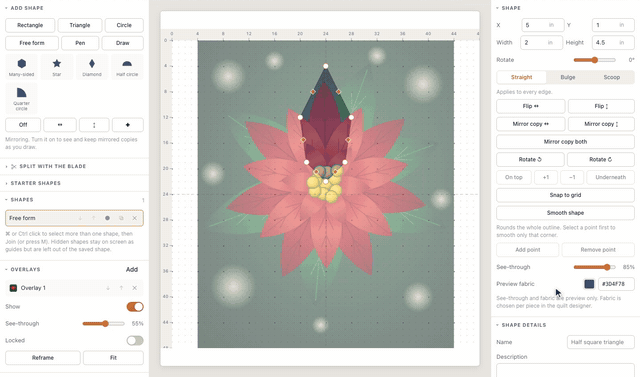 In the Shape Designer, Overlays → Add lays a poinsettia photo over the grid, then Free form clicks round one petal and Enter makes it a shape