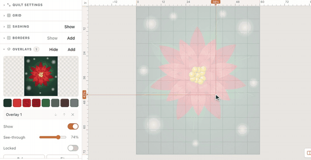 In the Overlays section, Add opens Overlay images; picking a poinsettia photo and Add overlay lays it over a blank quilt, and dragging See-through fades it until the grid shows through