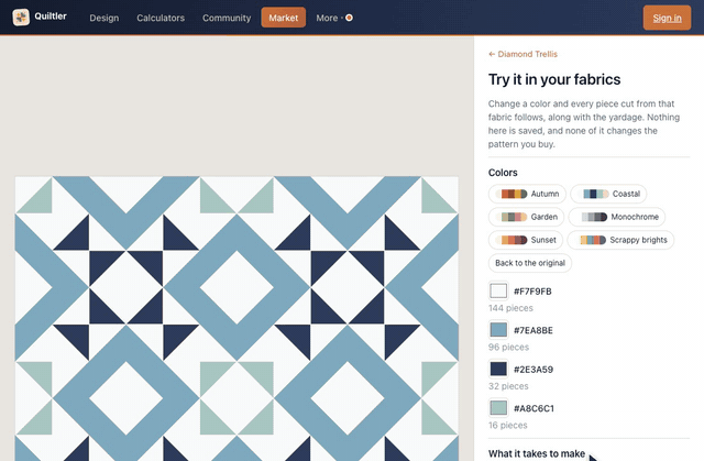 On a pattern's page, Try it in your fabrics opens the quilt beside its colors; the Autumn colorway recolors every piece, then Coastal, and the yardage under What it takes to make changes with them