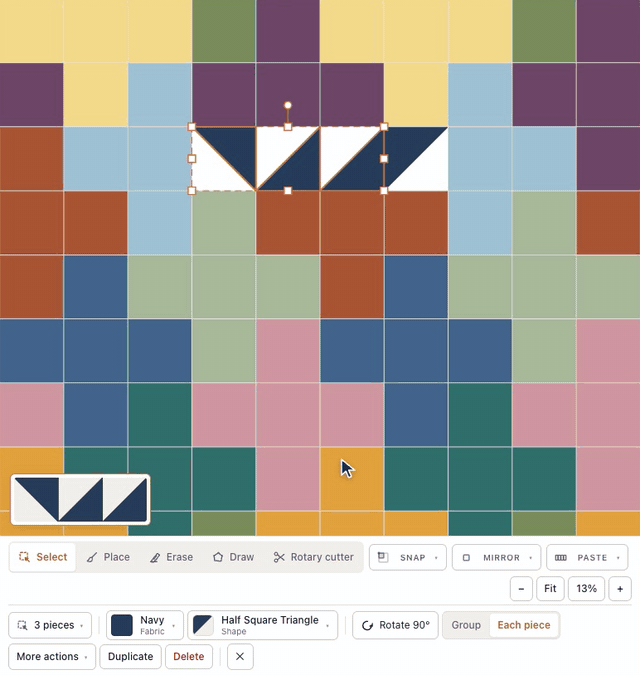 In the designer, a navy half-square triangle is selected and turned twice with Rotate 90°, flipped with More actions → Flip left / right, then shift-clicks add three more triangles and, with Each piece chosen, Rotate 90° turns all four on their own spots