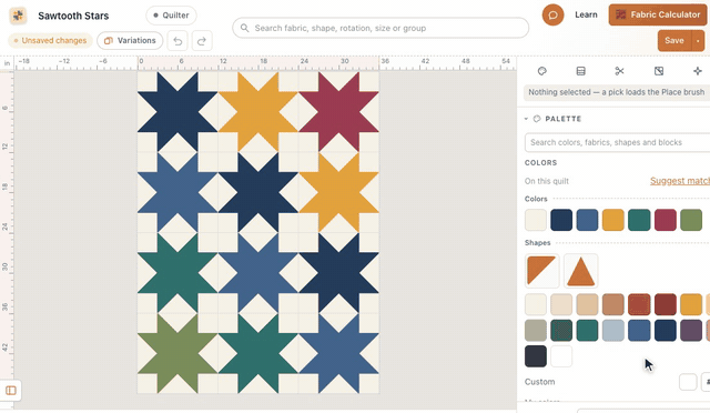 Every navy piece of a Sawtooth Stars quilt is selected and turned berry; Undo turns them navy again, Redo makes them berry, and Undo takes them back to navy