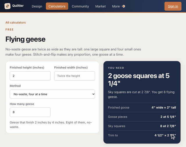 In the studio's Calculators page, typing geese in Find a calculator leaves only Flying geese, and opening it shows the calculator with its answer filled in: 2 goose squares at 5 1/4 inches and 8 sky squares at 2 7/8 inches