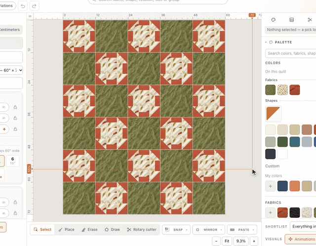 On the last step of the new-quilt setup for a Churn Dash, each starter color is clicked and swapped for a photographed print from the library, the live preview redraws in them, and Start designing lays the quilt on the design wall in those fabrics