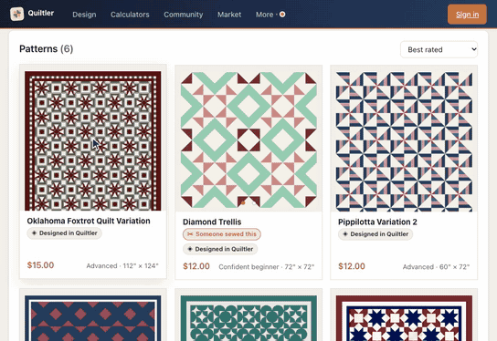 On a pattern's page the designer's name, Chris W, opens their shop with every pattern they sell; the patterns are put in Best rated order, and the pointer rests on the first one