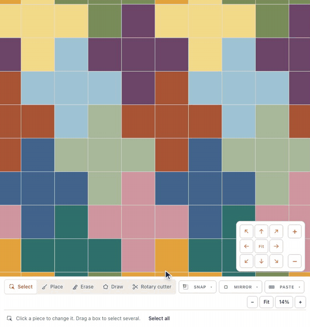 In the designer, + under the design wall zooms in on the Plus Quilt three times, holding the move-and-zoom pad's right and then down arrows travels across the quilt, the pad's + zooms closer, Fit shows the whole quilt again and + zooms back in