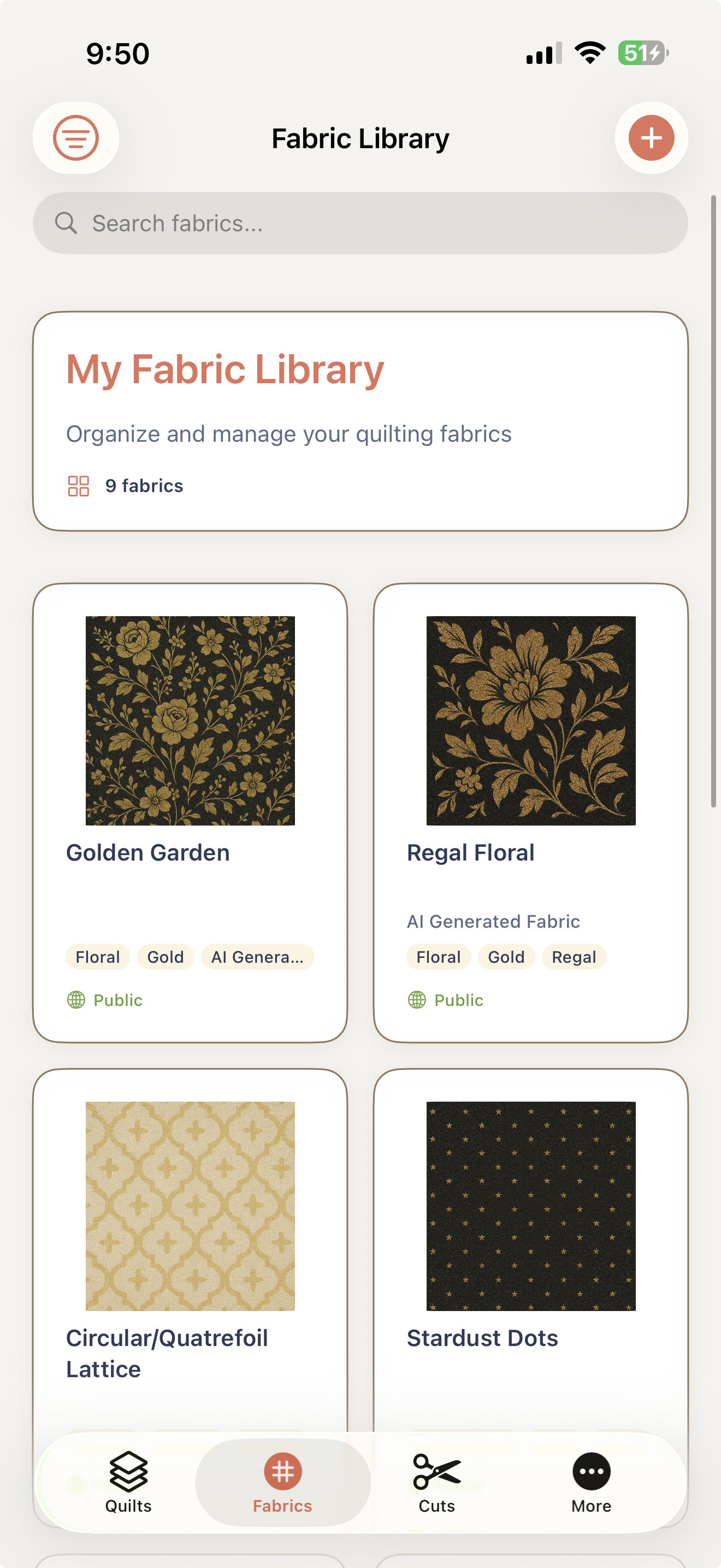 Digital fabric library for organizing quilting fabric collection