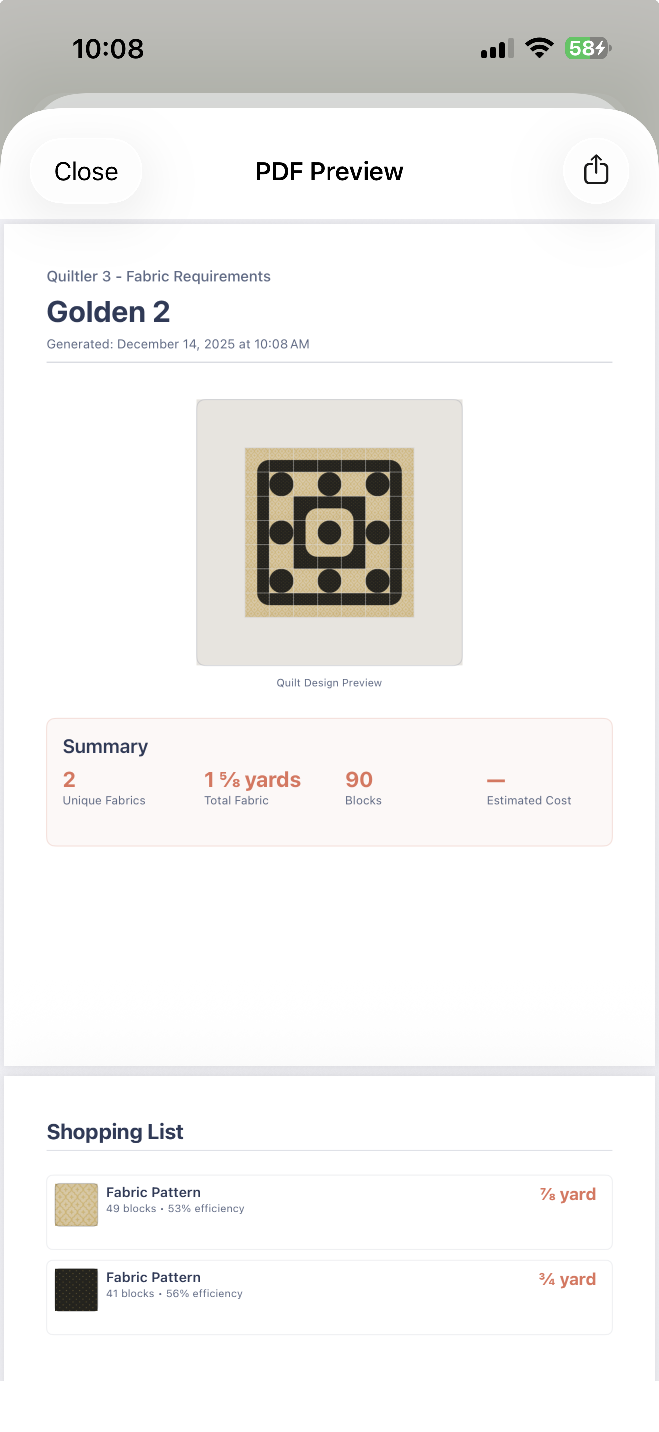 PDF quilt pattern export with fabric requirements and cutting instructions