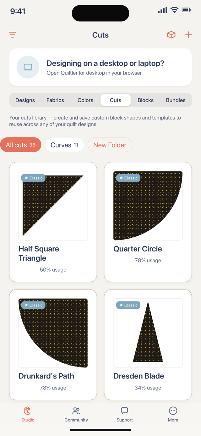 Quiltler cut library on iPhone with half square triangle, quarter circle, Drunkard's Path and Dresden blade shapes