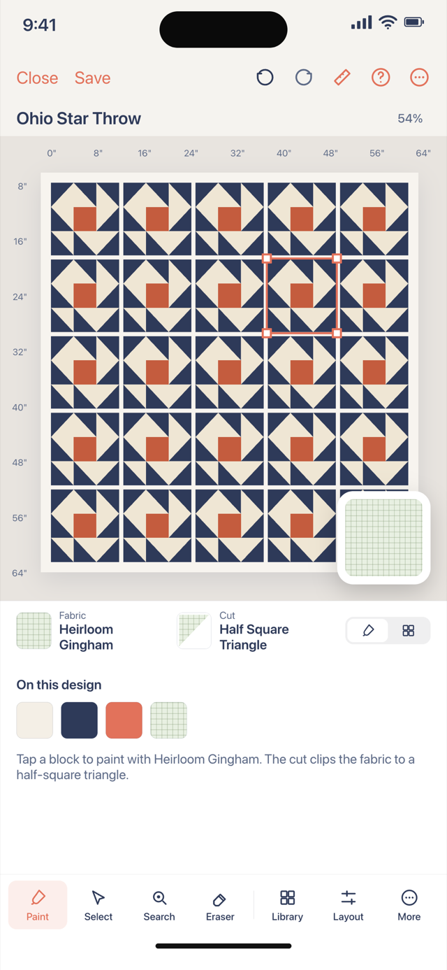 The Quiltler companion app on iPhone with a quilt open on the design canvas