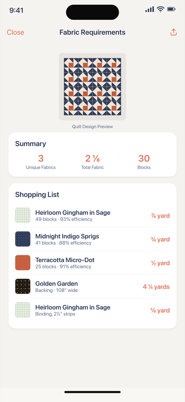 Quiltler fabric requirements on iPhone with a quilt preview, summary and shopping list of yardage per fabric