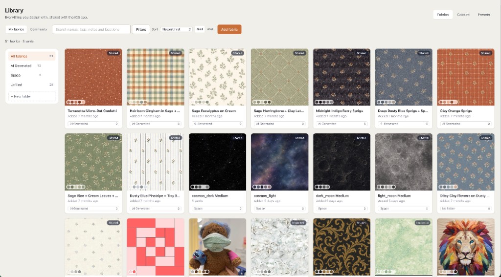Quiltler fabric library of quilting fabrics organized with tags, notes and collections