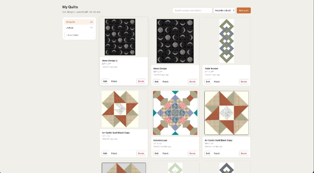 Quiltler My Quilts library showing saved quilt design projects synced across devices