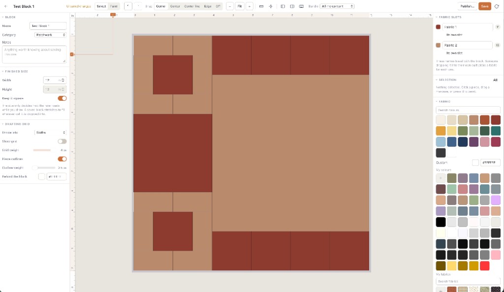 Quiltler quilt block designer drafting a custom patchwork block on a drafting grid