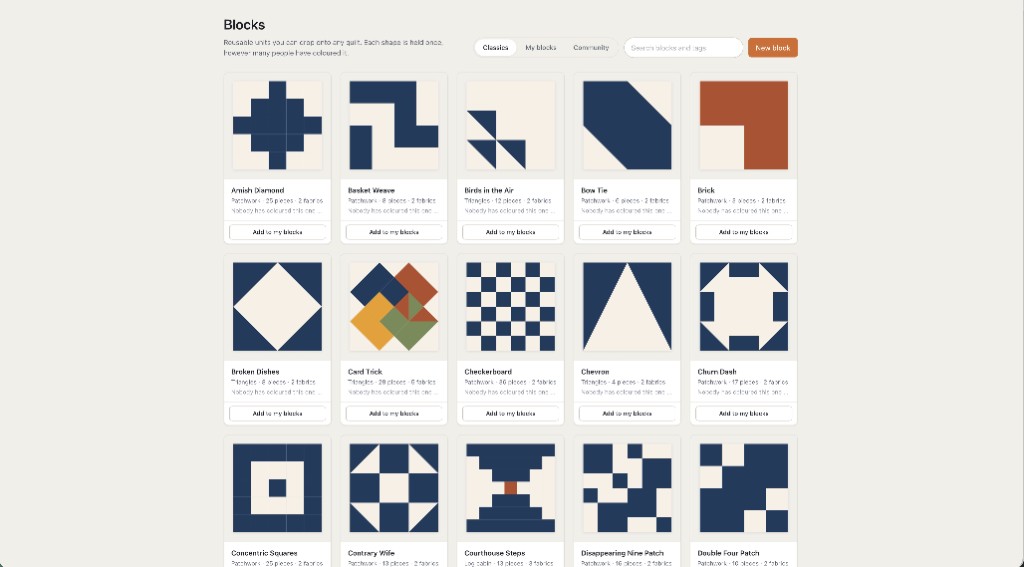 Quiltler quilt block library of classic patchwork blocks including Amish Diamond, Card Trick and Churn Dash