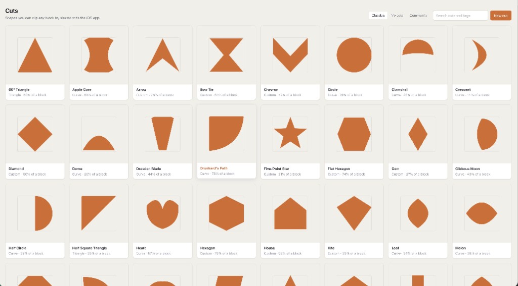 Quiltler cut library of quilt shapes including triangles, curves, hexagons and stars for building new blocks