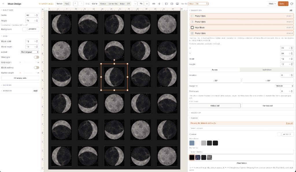 Quiltler online quilt design studio with a moon-phase quilt laid out on the canvas