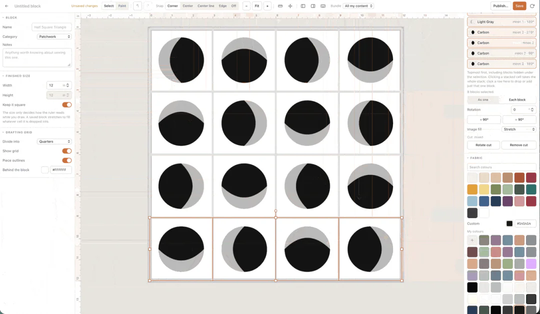 Drafting a custom quilt block on a drafting grid in the Quiltler block designer