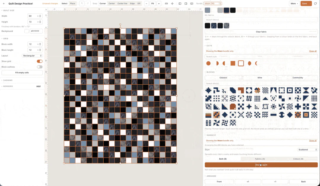 Quiltler generating quilt design ideas and color layouts automatically from a fabric selection