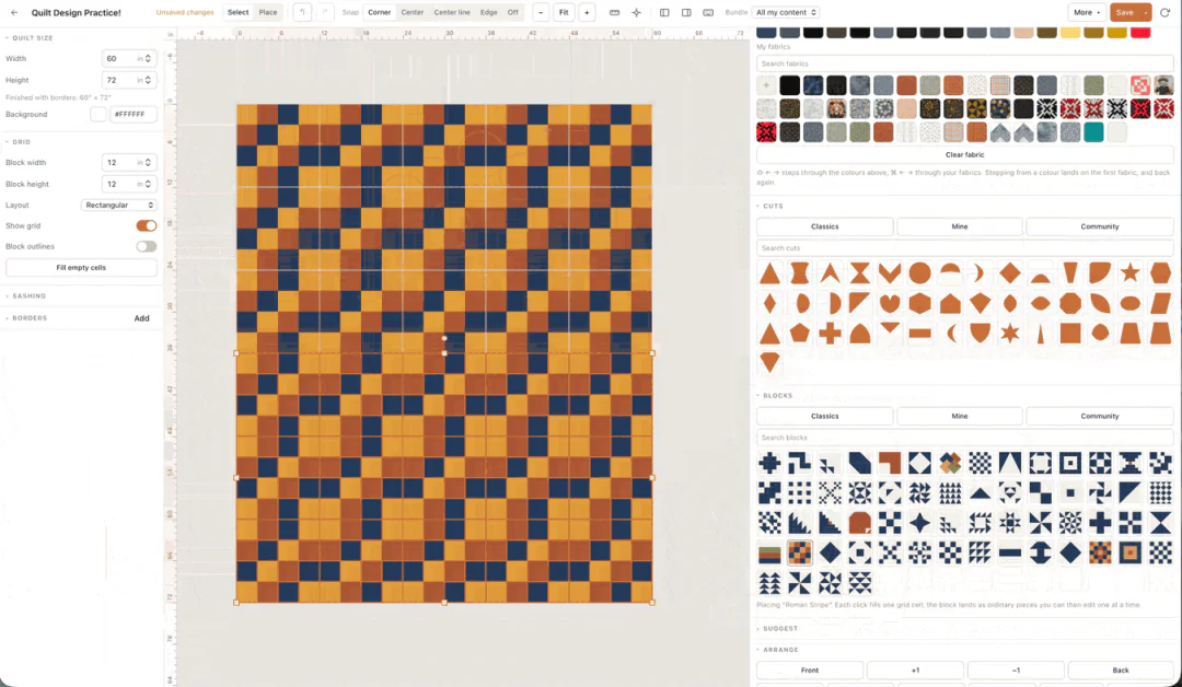 Quiltler desktop quilt design studio: setting quilt size and block grid, then placing blocks and fabrics on the canvas