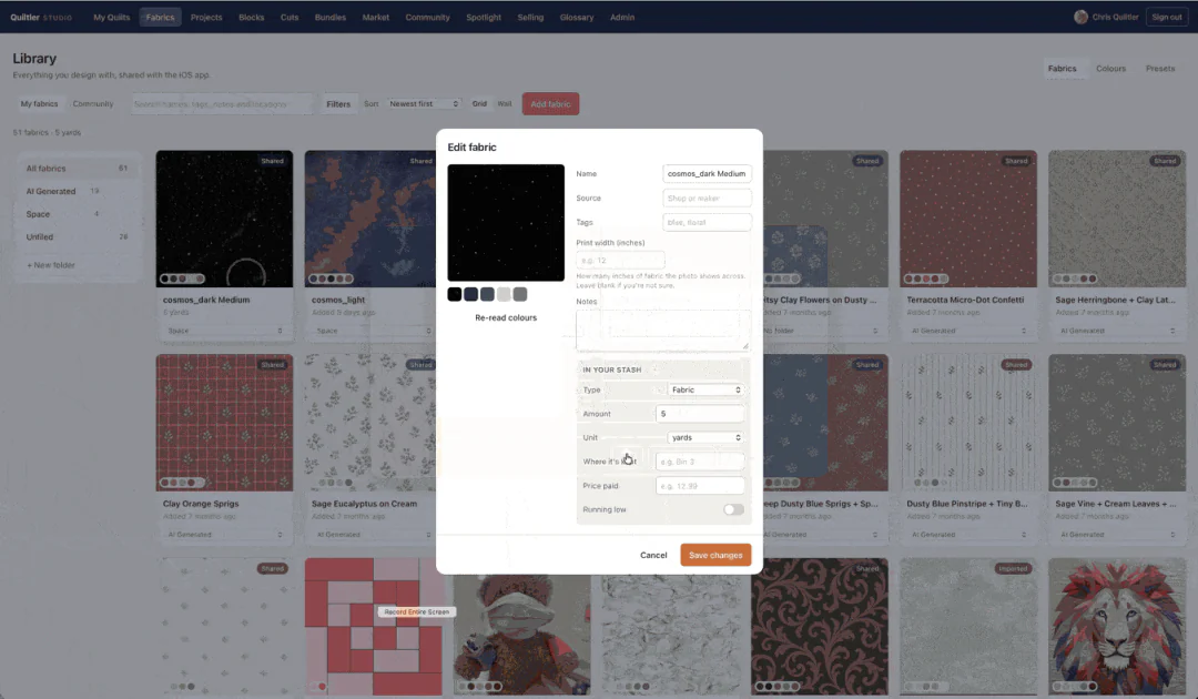 Quiltler fabric stash inventory showing yardage totals, search, filters and sorting across a fabric library