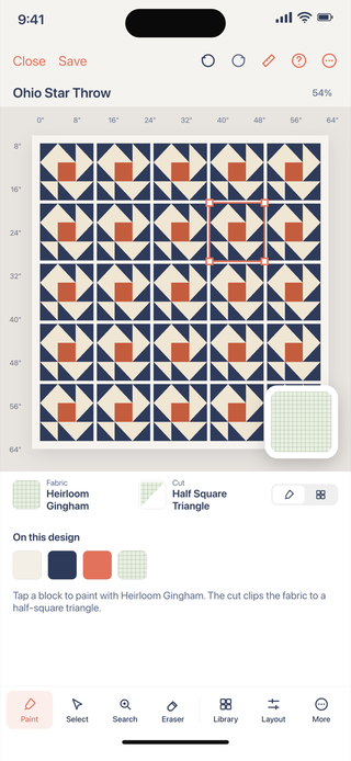 The Quiltler companion app on iPhone with a quilt open on the design canvas