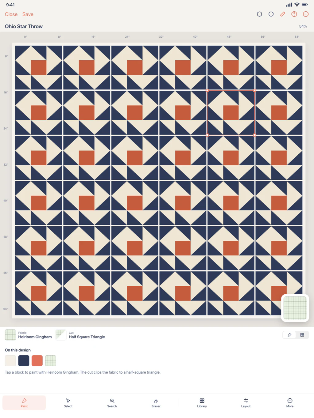 Quiltler on iPad with an Ohio Star throw quilt being painted with fabrics