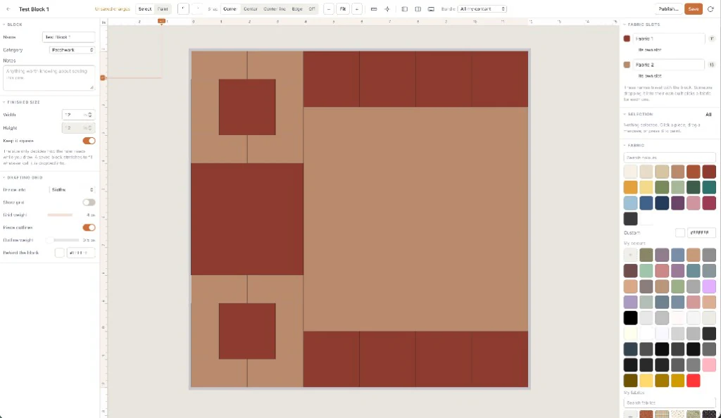 Quiltler quilt block designer drafting a custom patchwork block on a drafting grid